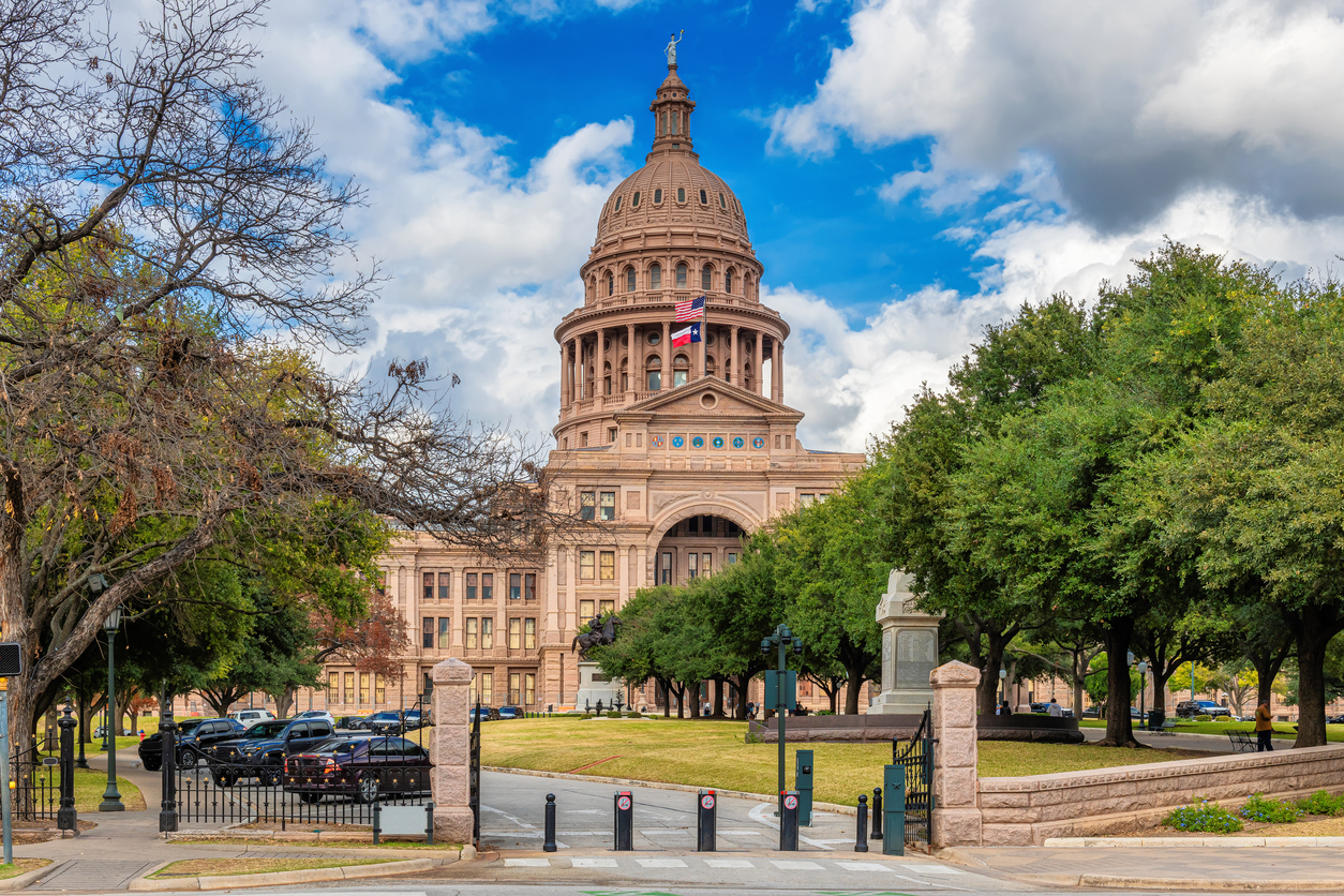 The Texas State Capitol Building in autumn in Austin, Texas