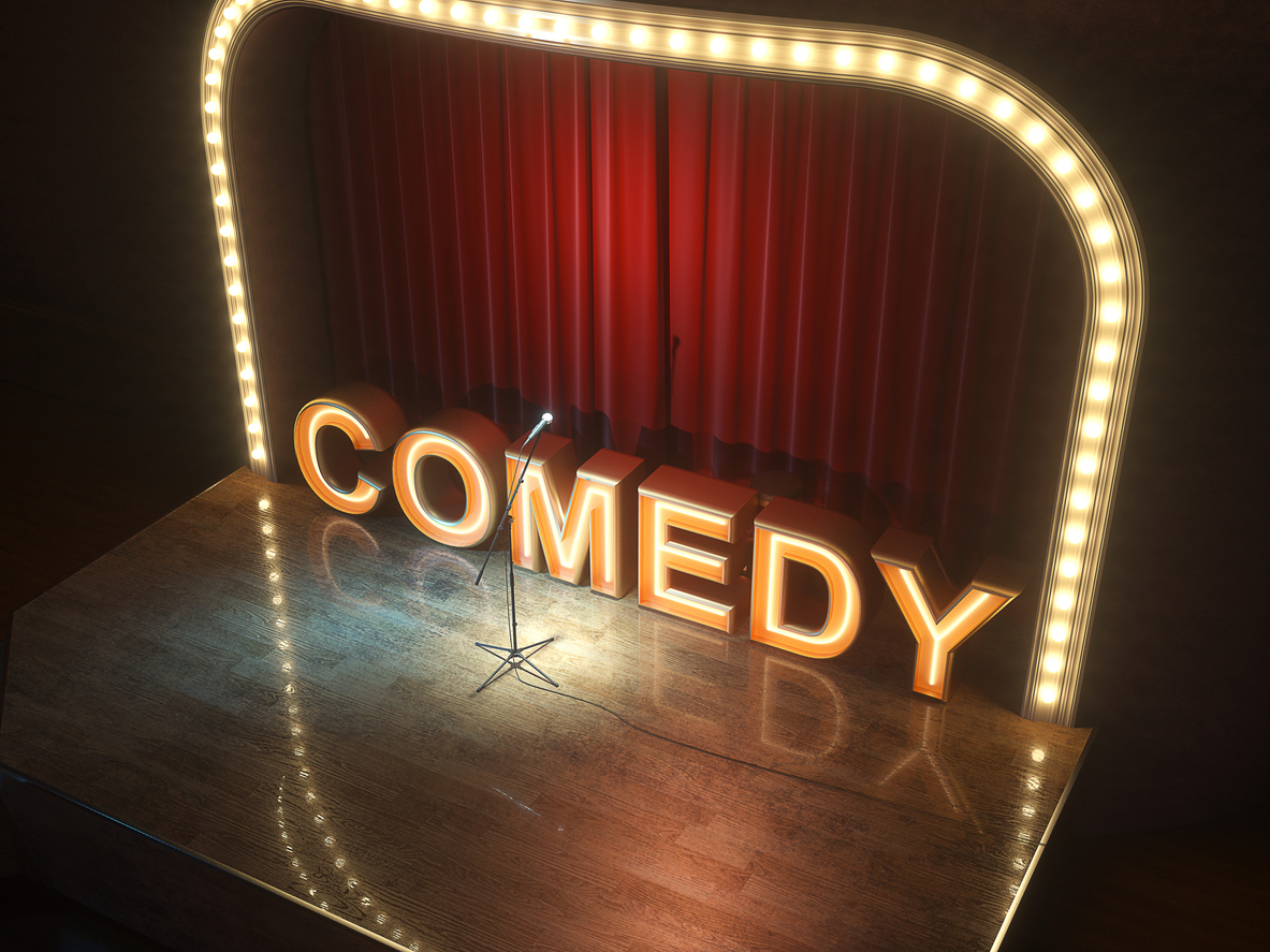 Dark empty stage with microphone. 3d render